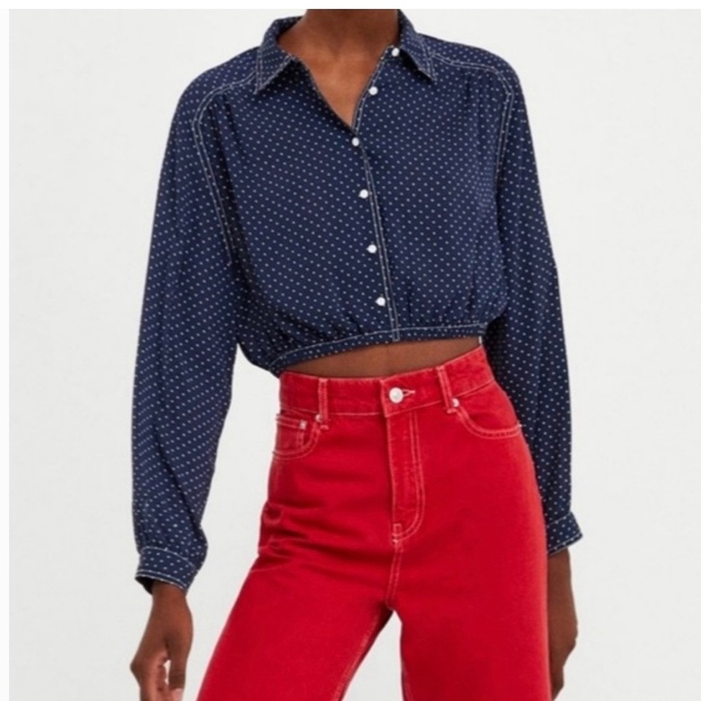 Zara Woman Blue White Polka Dot Long Sleeves Crop Top Size S - Picture 1 of 5